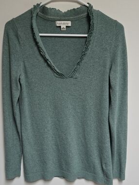 Banana Republic Sage Green V-Neck Ruffle-Trim Sweater Medium